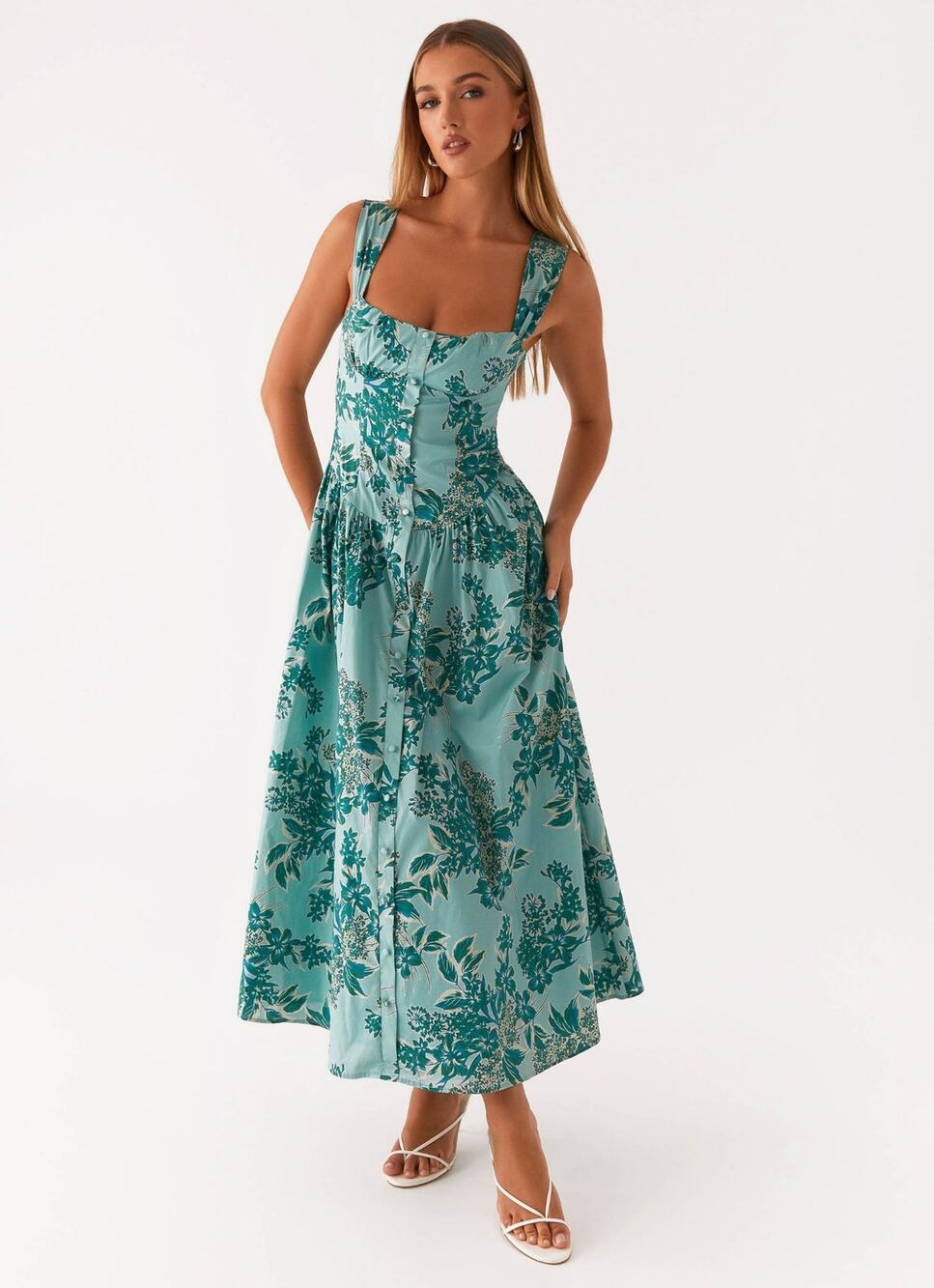 Peppermayo Emmalina Drop-Waist Midi Dress Cloud Nine Floral Aqua Teal Sz M NWT